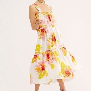 Free People Yellow and Pink Floral Midi Dress